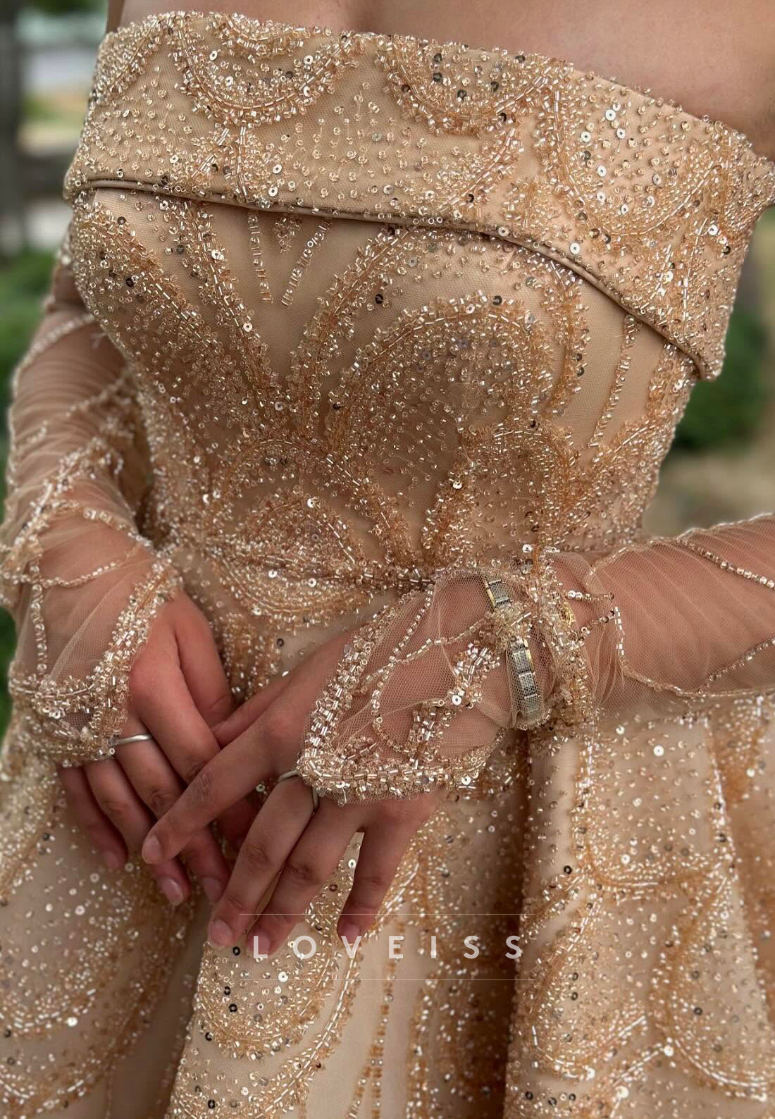 Straight Across Sleeveless Beaded Embroidery Sparkly A-Line Prom Dress