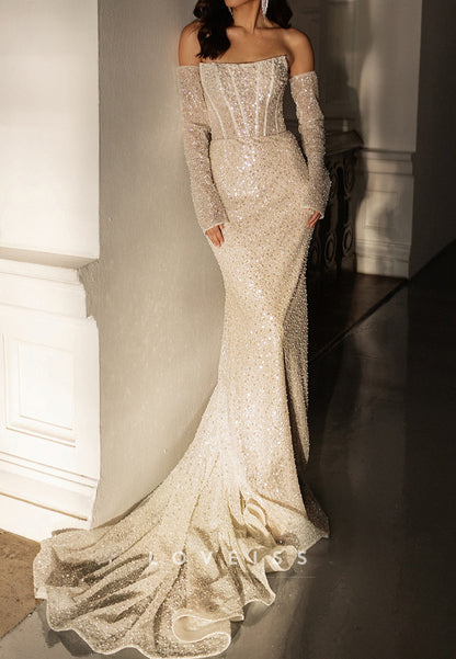 Straight  Across Sleeveless Beaded Embroidery Sparkly Mermaid Wedding Dress