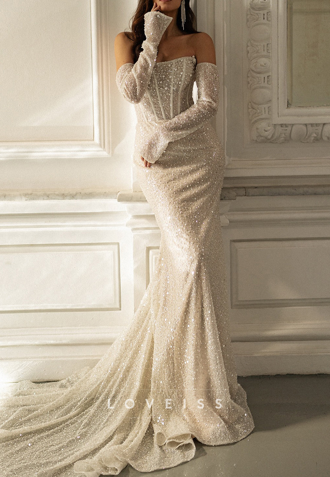 Straight  Across Sleeveless Beaded Embroidery Sparkly Mermaid Wedding Dress