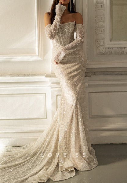 Straight  Across Sleeveless Beaded Embroidery Sparkly Mermaid Wedding Dress