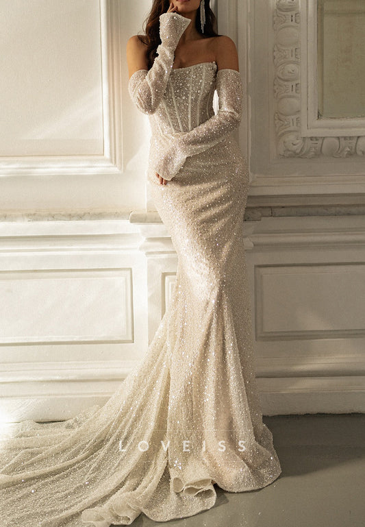 Straight  Across Sleeveless Beaded Embroidery Sparkly Mermaid Wedding Dress