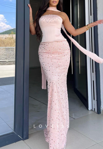 Straight Across Sleeveless Beaded Mermaid Pink Prom Dress