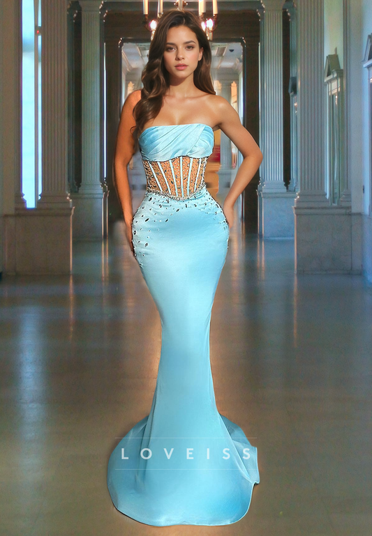 Straight Across Sleeveless Beaded Mermaid Prom Dress