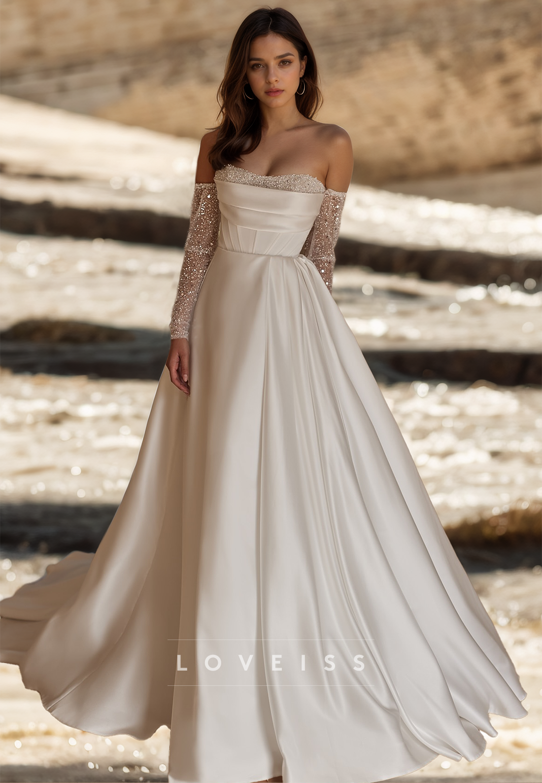 Straight Across Sleeveless Beaded Pleated Satin A-Line Wedding Dress