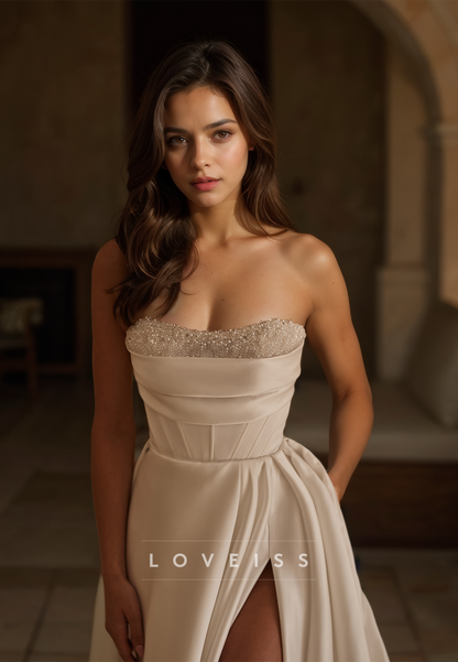 Straight Across Sleeveless Beaded Pleated Satin A-Line Wedding Dress