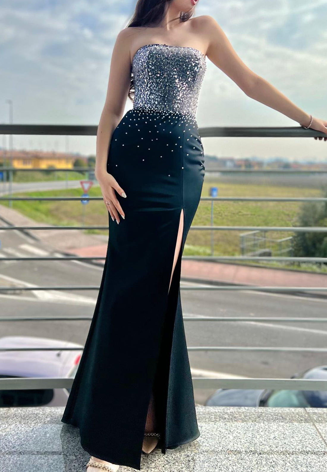 Straight Across Sleeveless Beaded Sequins Sparkly Mermaid Prom Dress