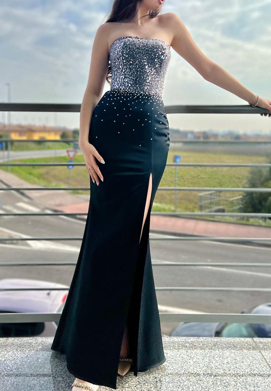 Straight Across Sleeveless Beaded Sequins Sparkly Mermaid Prom Dress