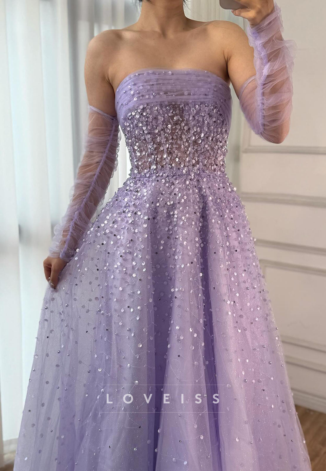 Straight Across Sleeveless Beaded Sparkly A-Line Prom Dress