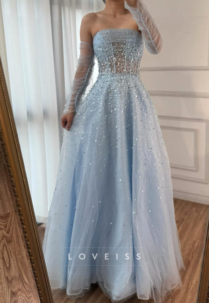 Straight Across Sleeveless Beaded Sparkly A-Line Prom Dress