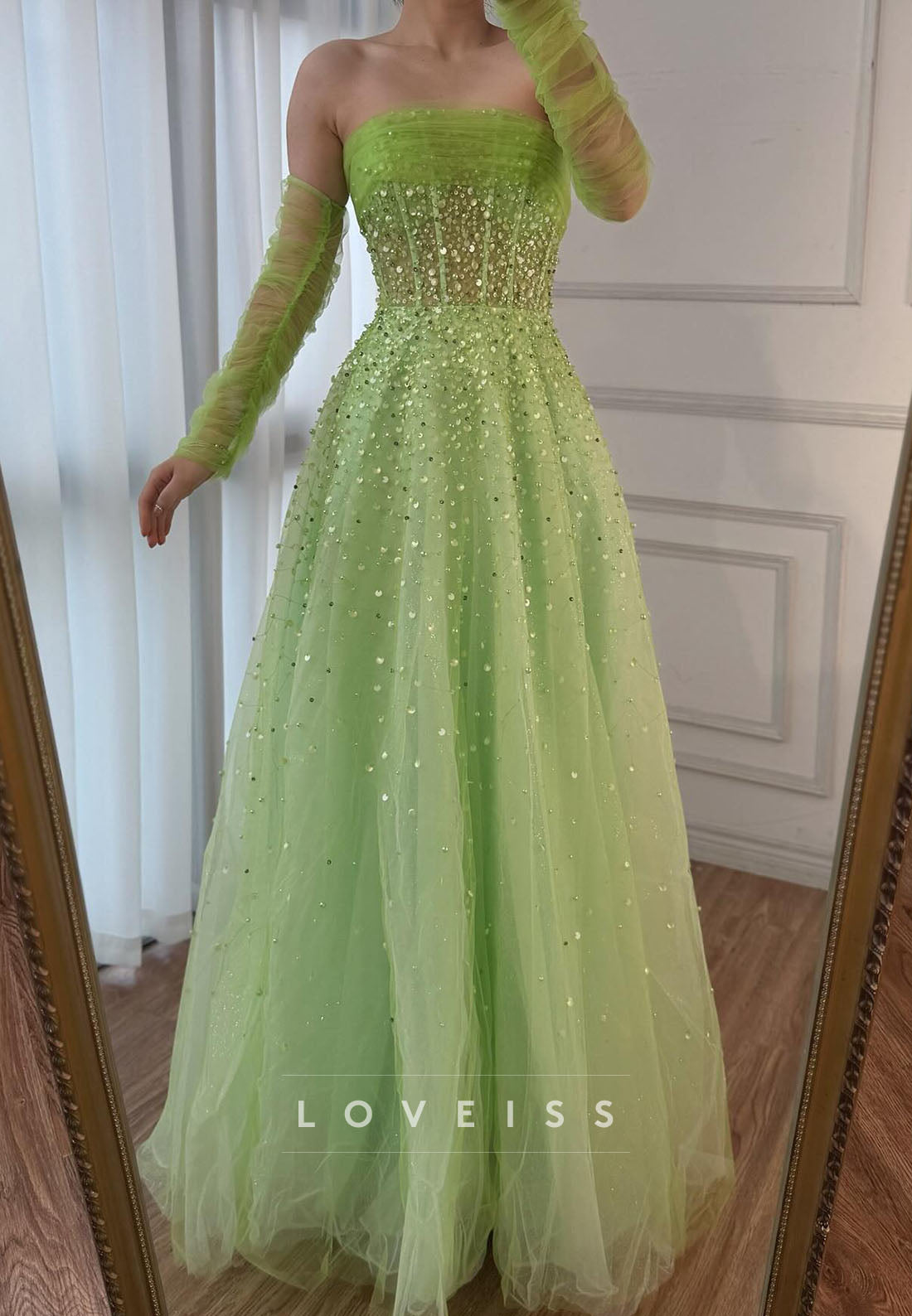 Straight Across Sleeveless Beaded Sparkly A-Line Prom Dress
