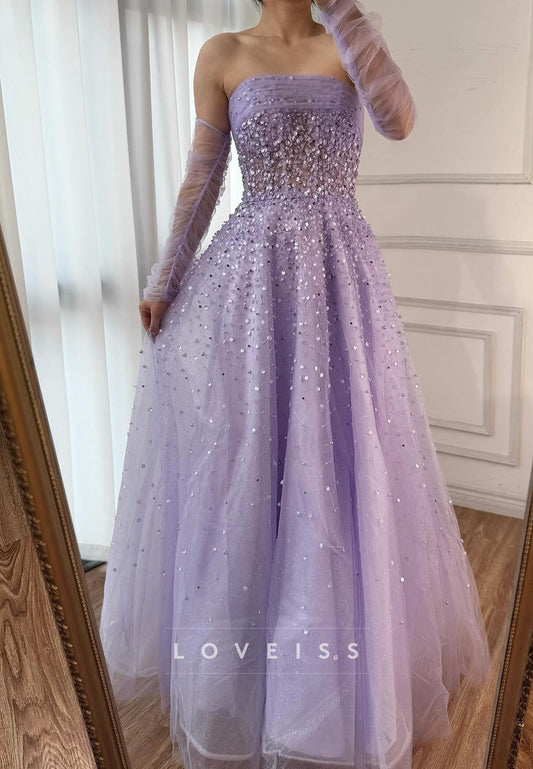 Straight Across Sleeveless Beaded Sparkly A-Line Prom Dress