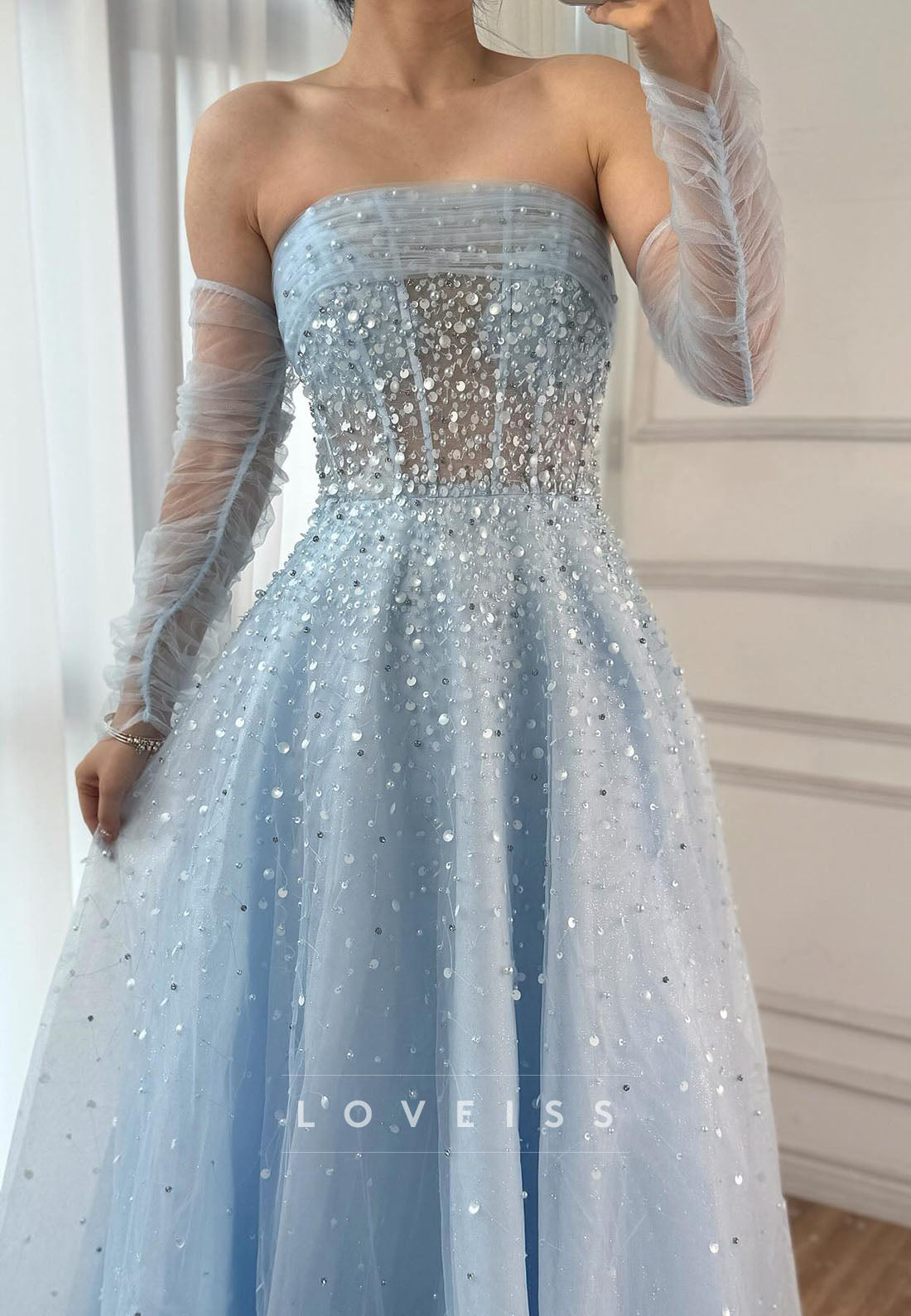 Straight Across Sleeveless Beaded Sparkly A-Line Prom Dress