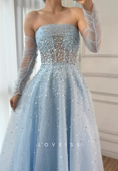 Straight Across Sleeveless Beaded Sparkly A-Line Prom Dress