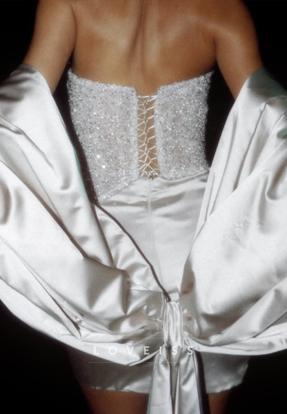 Straight Across Sleeveless Beaded Sparkly Sheath Short Wedding Dress