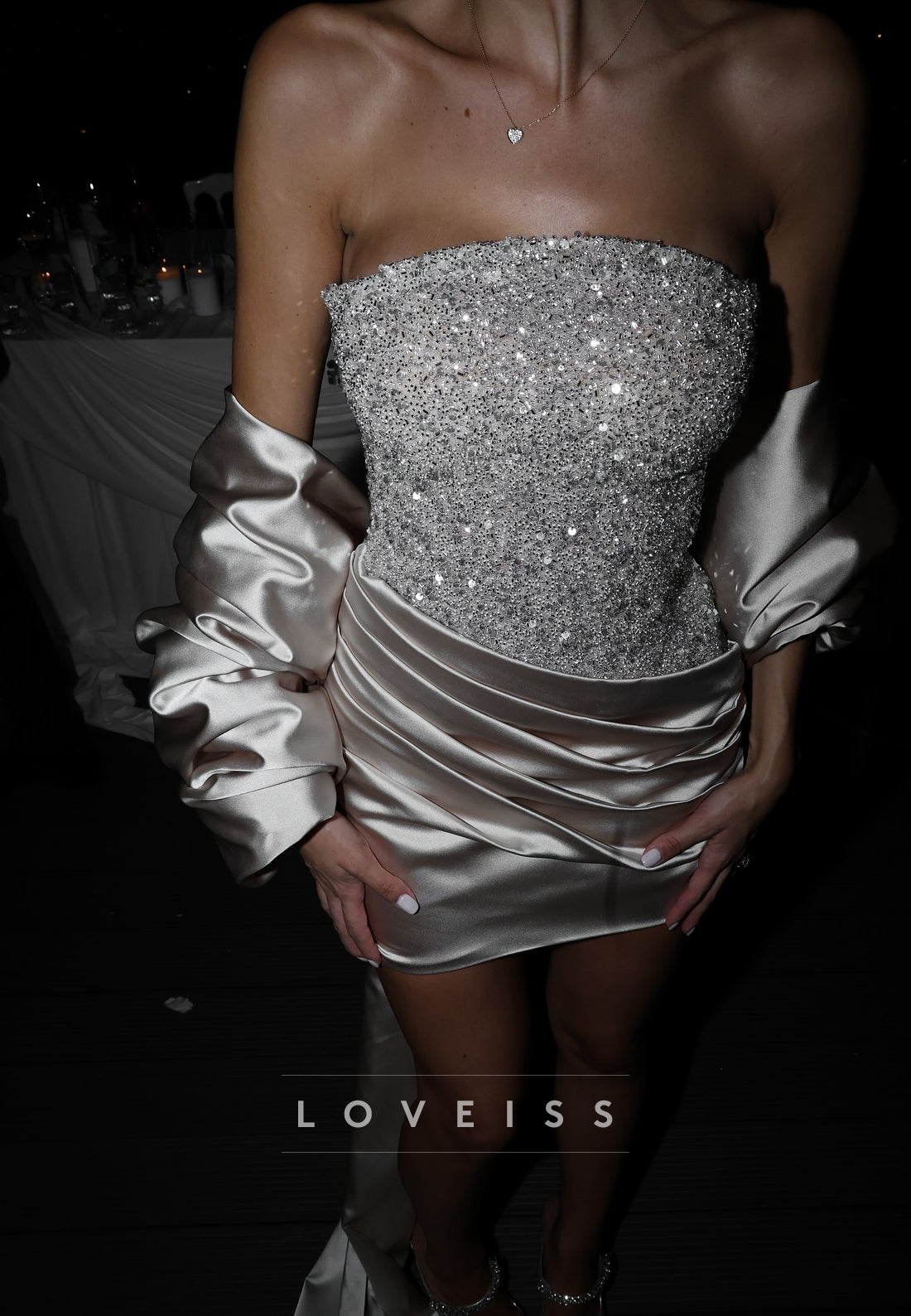 Straight Across Sleeveless Beaded Sparkly Sheath Short Wedding Dress