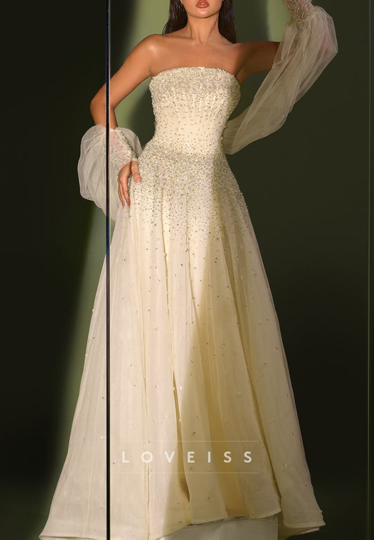 Straight Across Sleeveless Beaded Tulle Sparkly A-Line Prom Dress