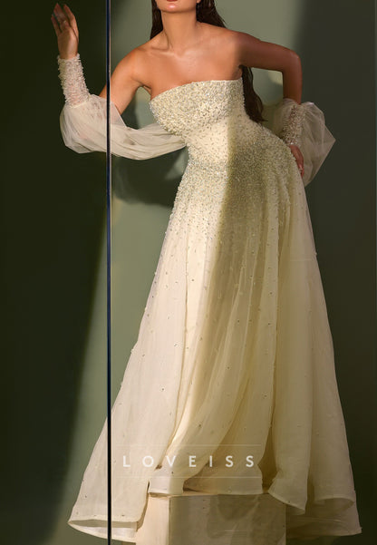 Straight Across Sleeveless Beaded Tulle Sparkly A-Line Prom Dress