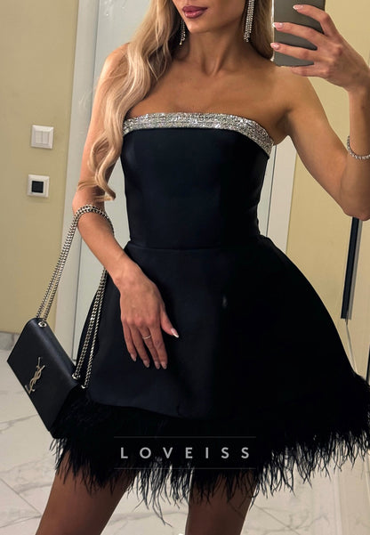 Straight Across Sleeveless Feathered A-Line Short Party Dress