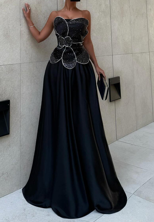 Straight Across Sleeveless Floral Beading Pleated A-Line Evening Dress