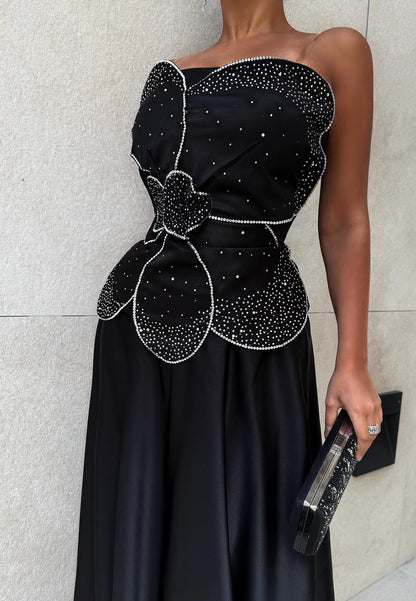 Straight Across Sleeveless Floral Beading Pleated A-Line Evening Dress
