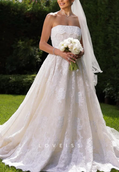 Straight Across Sleeveless Lace Appliques A-Line Wedding Dress