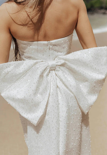 Straight Across Sleeveless Pearl Short Bowknot Sheath Beach Wedding Dress