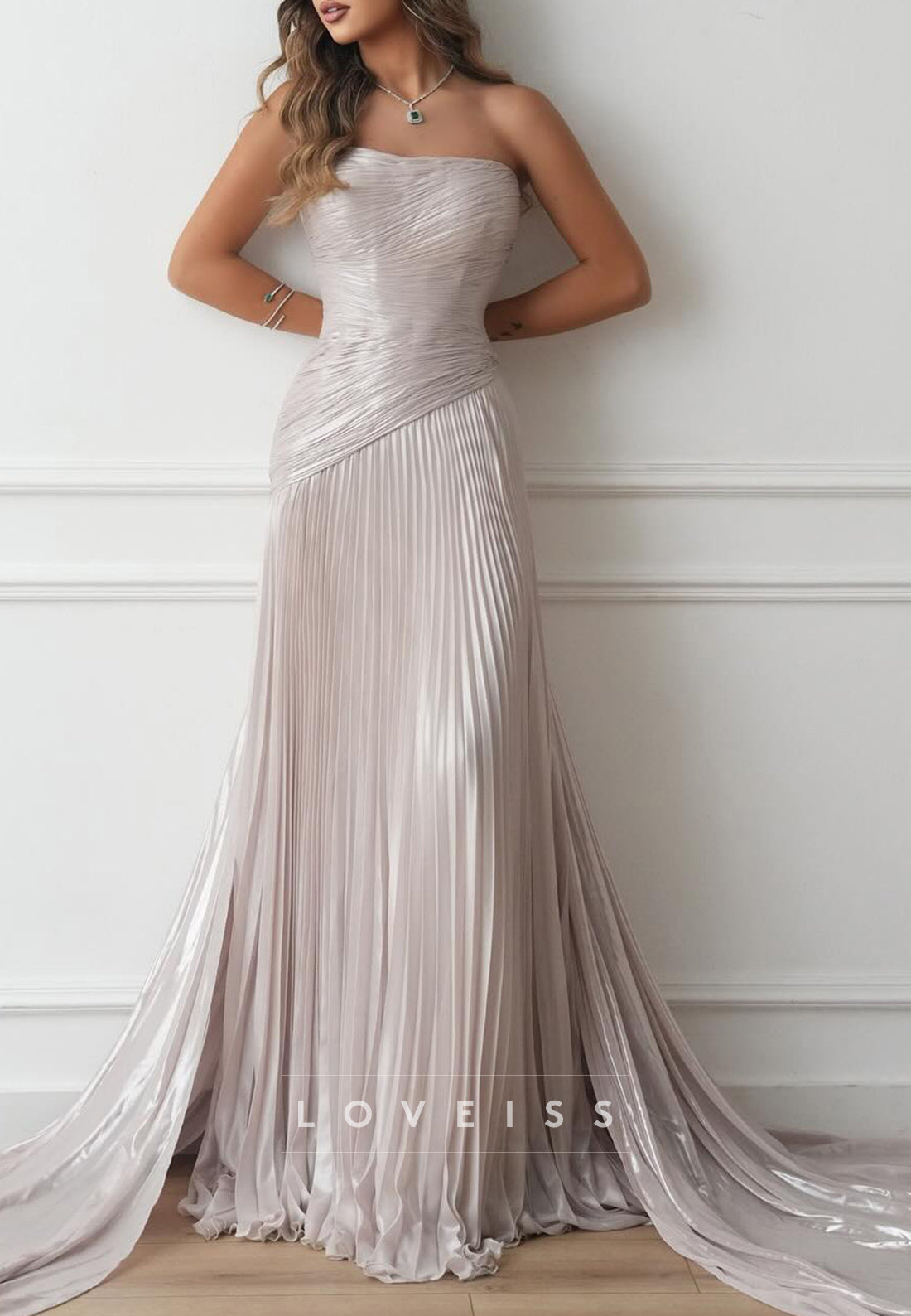 Straight Across Sleeveless Pleated A-Line Evening Dress