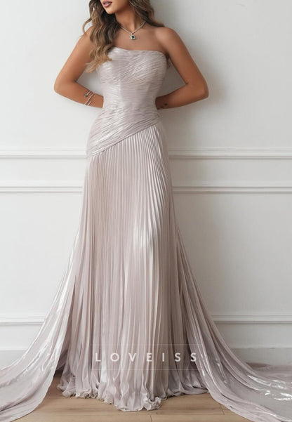 Straight Across Sleeveless Pleated A-Line Evening Dress