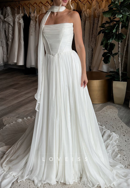 Straight Across Sleeveless Pleated A-Line Wedding Dress