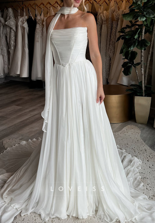 Straight Across Sleeveless Pleated A-Line Wedding Dress