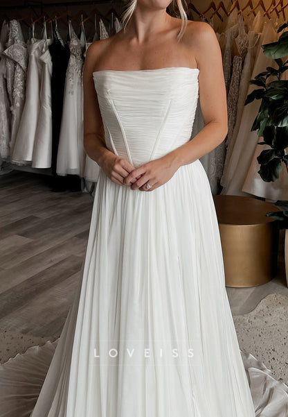 Straight Across Sleeveless Pleated A-Line Wedding Dress