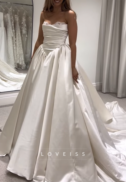 Straight Across Sleeveless Pleated A-Line Wedding Dress