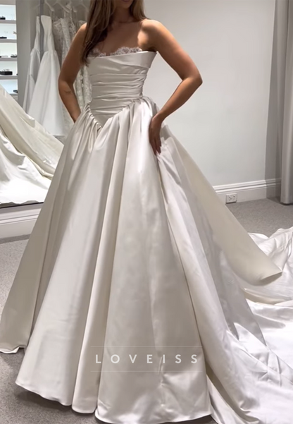 Straight Across Sleeveless Pleated A-Line Wedding Dress