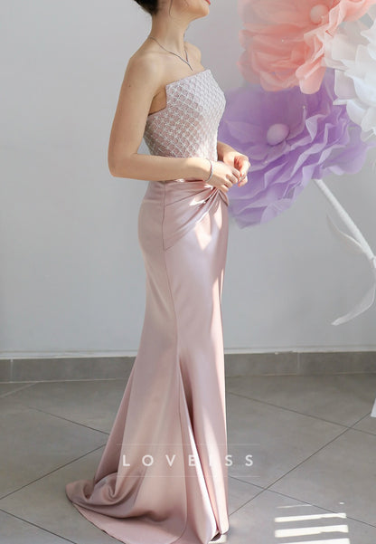 Straight Across Sleeveless Pleated Beading Mermaid Evening Dress