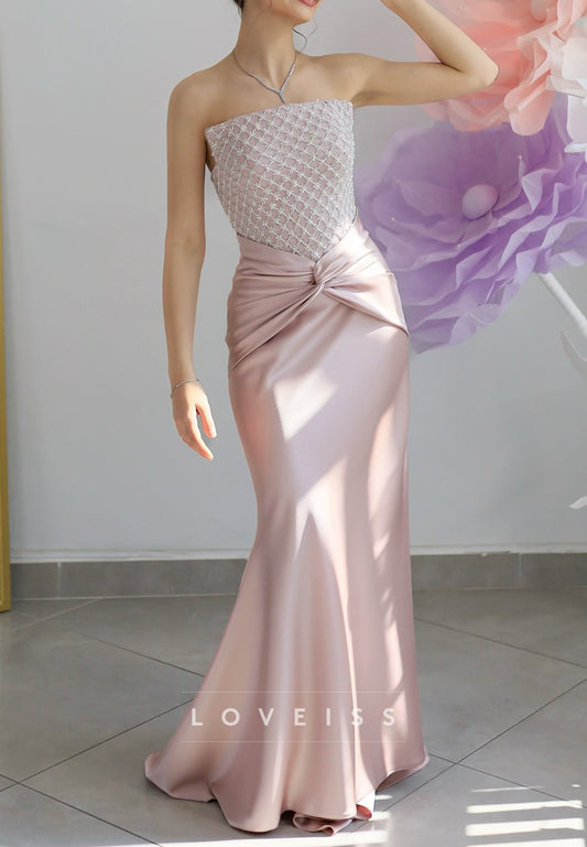 Straight Across Sleeveless Pleated Beading Mermaid Evening Dress