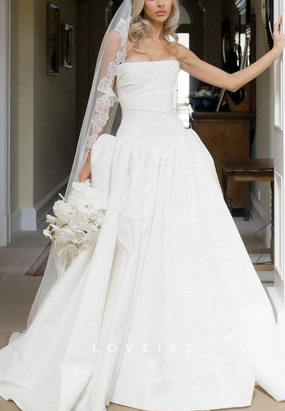 Straight Across Sleeveless Pleated Ruched A-Line Wedding Dress