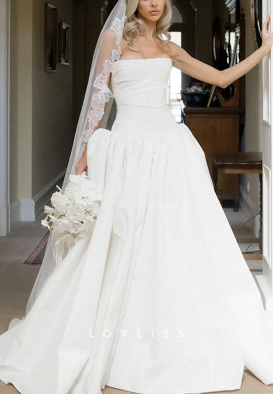 Straight Across Sleeveless Pleated Ruched A-Line Wedding Dress