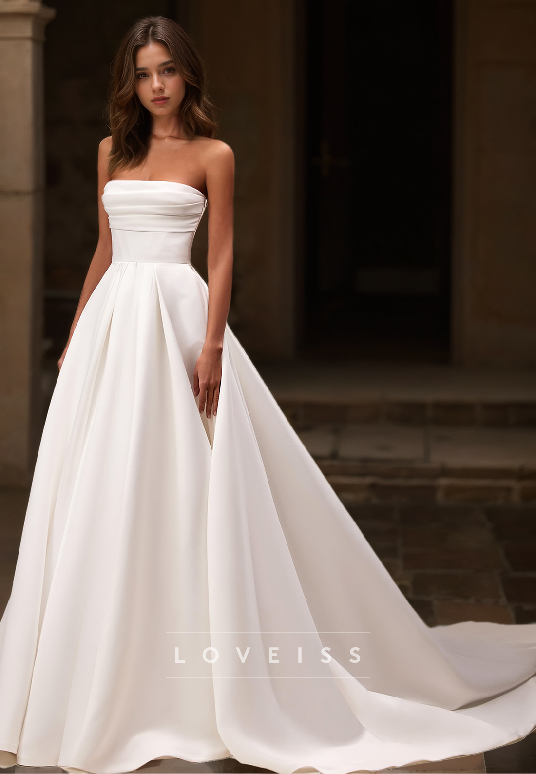 Straight Across Sleeveless Pleated Sleek A-Line Wedding Dress