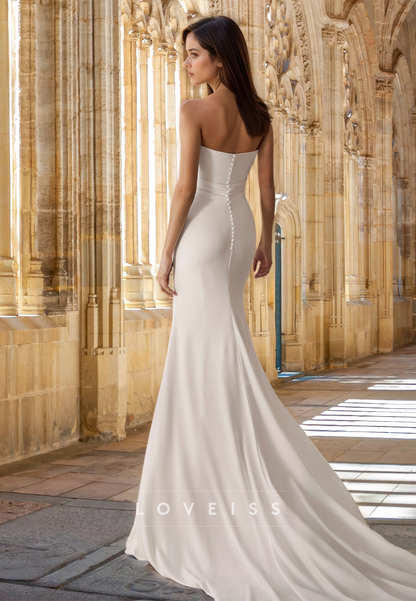 Straight Across Sleeveless Pleated Sleek Mermaid Wedding Dress