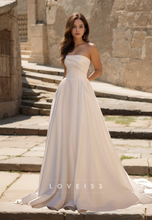 Straight Across Sleeveless Pleated Sleek Satin A-Line Wedding Dress