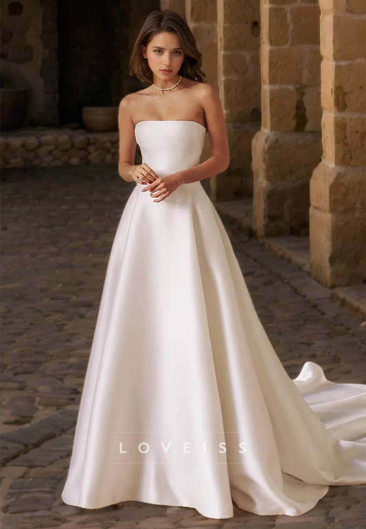 Straight Across Sleeveless Pleated Sleek Satin A-Line Wedding Dress