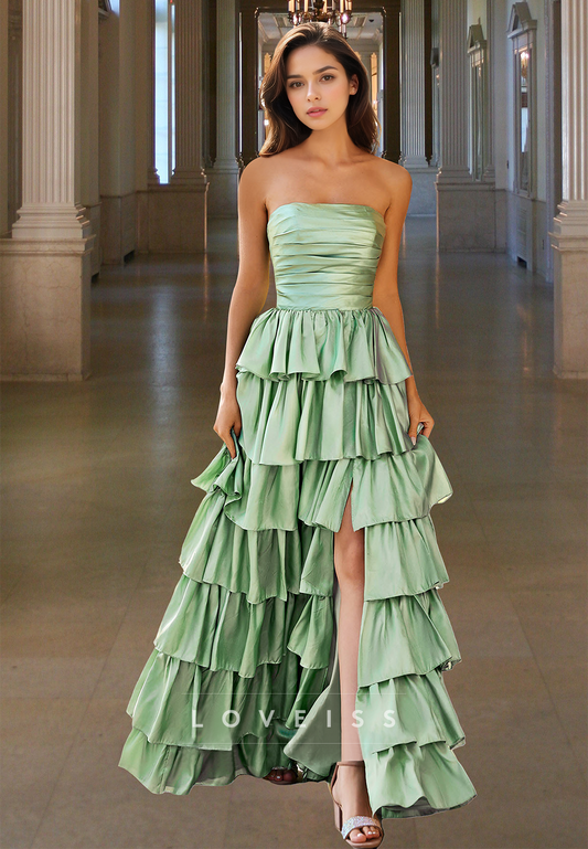 Straight Across Sleeveless Pleated Tiered A-Line Prom Dress