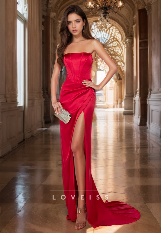 Straight Across Sleeveless Ruched High Slit Sheath Red Prom Dress