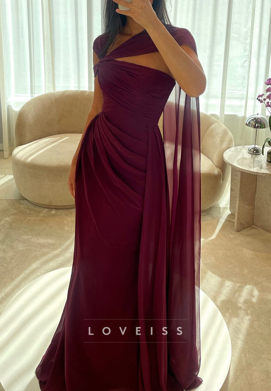 Straight Across Sleeveless Ruched Sheath Prom Dress with Shawl