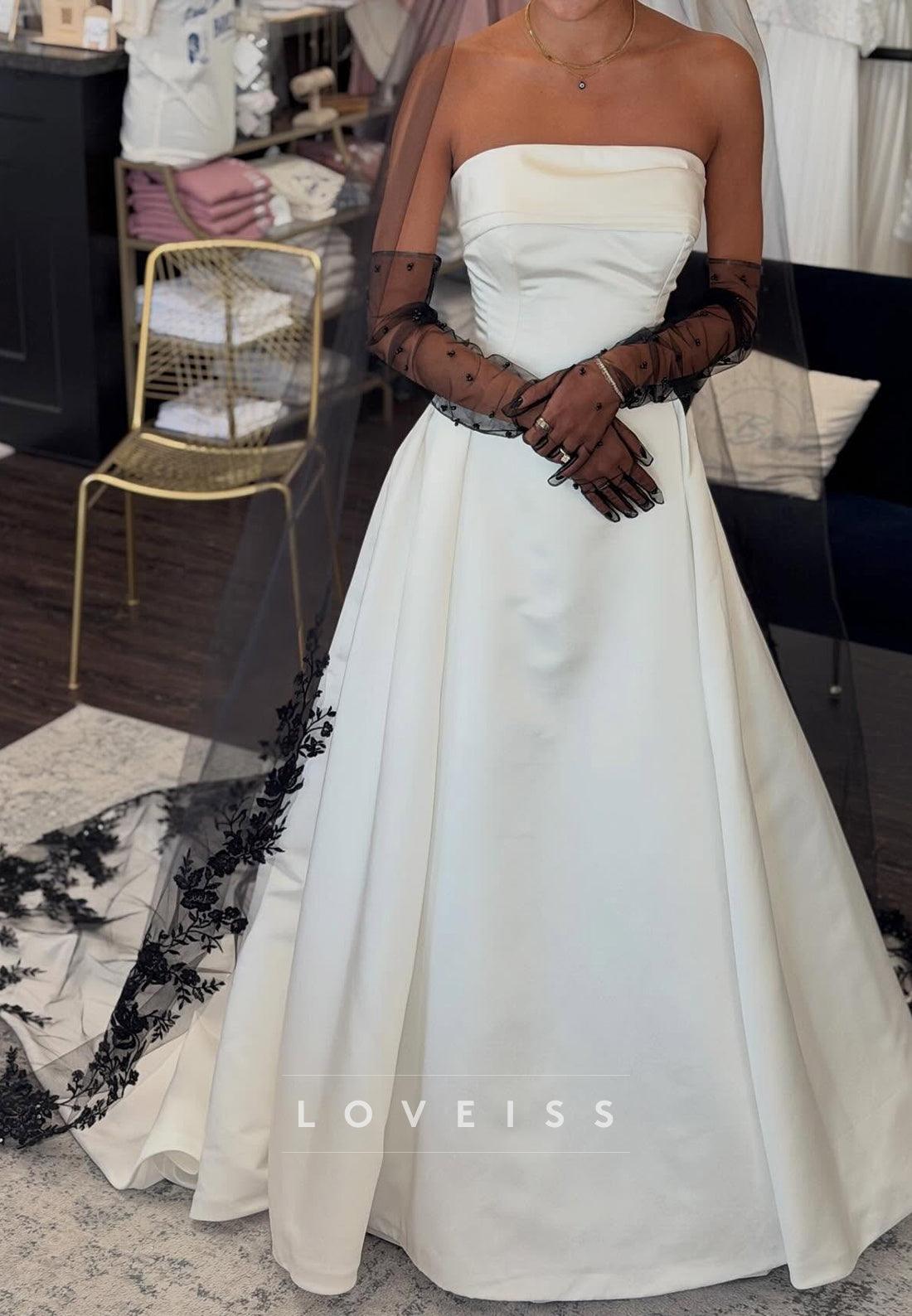 Straight Across Sleeveless Satin A-Line Wedding Dress with Gloves