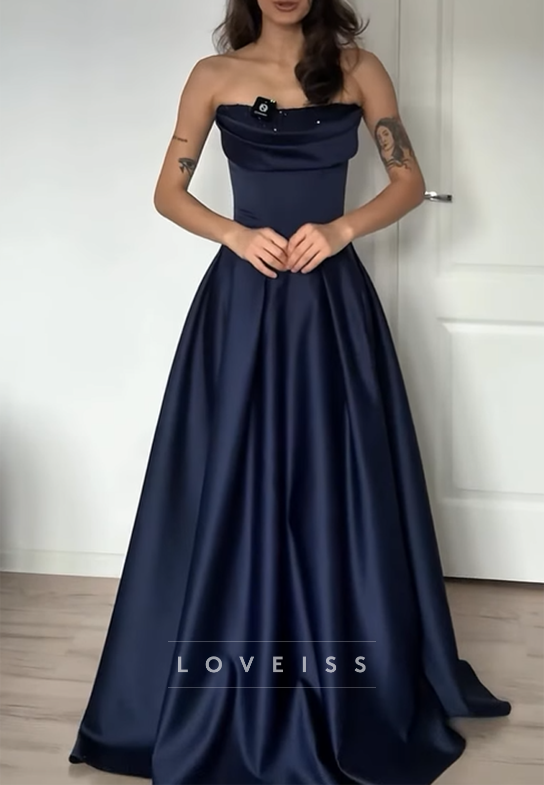Straight Across Sleeveless Satin Navy A-Line Prom Dress