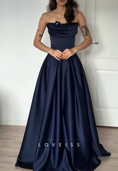 Straight Across Sleeveless Satin Navy A-Line Prom Dress