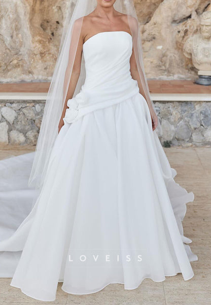 Straight Across Sleeveless Satin Pleated A-Line Classic Wedding Dress