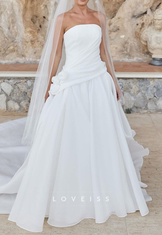 Straight Across Sleeveless Satin Pleated A-Line Classic Wedding Dress