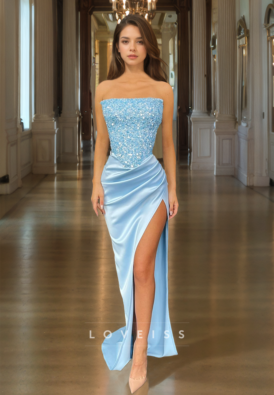 Straight Across Sleeveless Sequins Ruched High Slit Sheath Sparkly Prom Dress